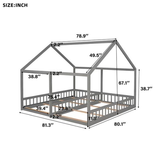 Double Bed House Platform Bed, Two Shared Beds, Grey