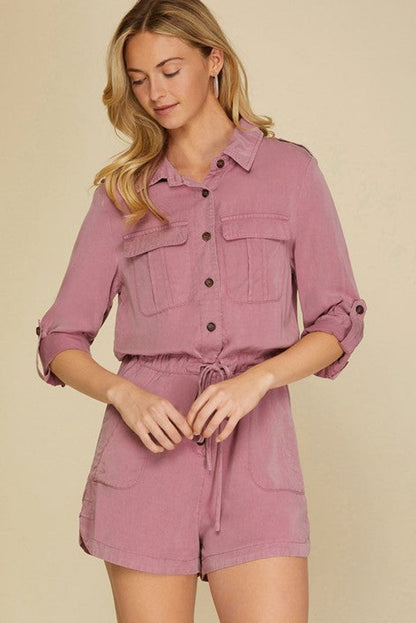 Reese Roll Up Sleeve Flap Pockets Drawstring Romper