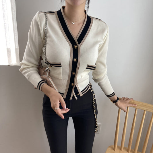 V-neck Stitching Metal Button Long Sleeve Knitted Cardigan Sweater