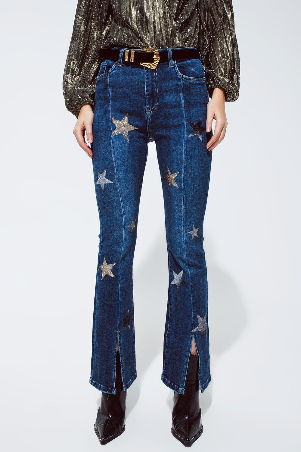 Flared Jeans With Shiny Stars Detail in Blue