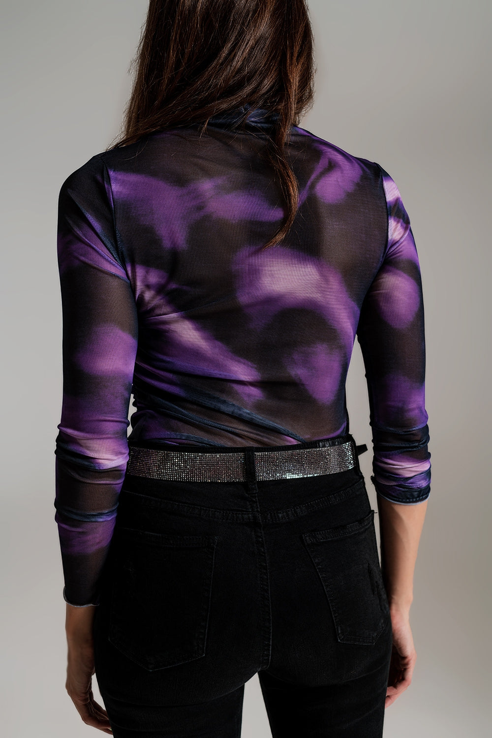 Mesh Top Rouched at the Side in Abstract Purple Print