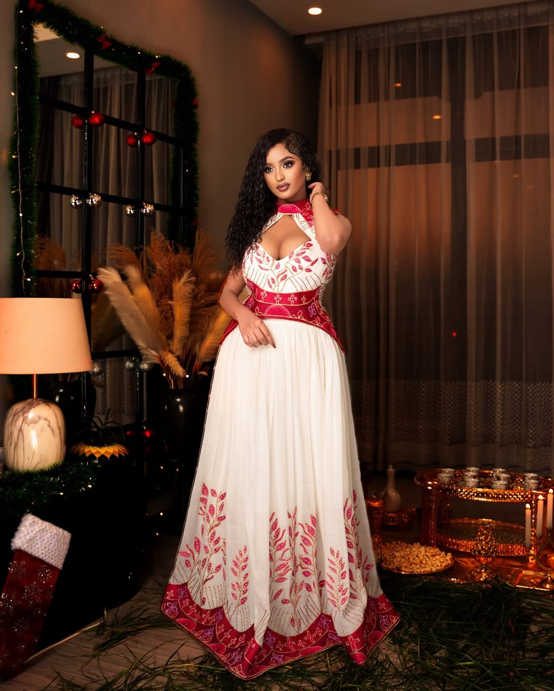 Classic Deep V-neck Red Habesha Dress: with Floral Handmade Details Ethiopian Clothing Modern Habesha Kemis