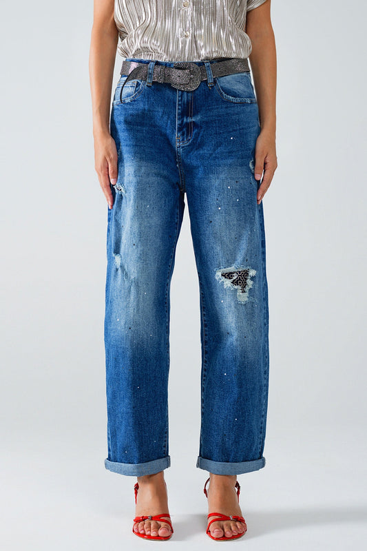 Straight Distressed Jeans With Paint Stains Details