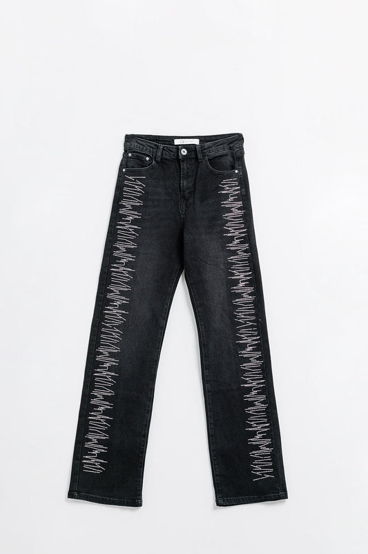 Straight Jeans in Black With Silver Strass Details